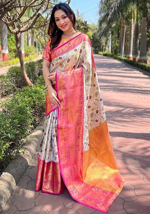 Off White Woven Design Silk Blend Saree Set