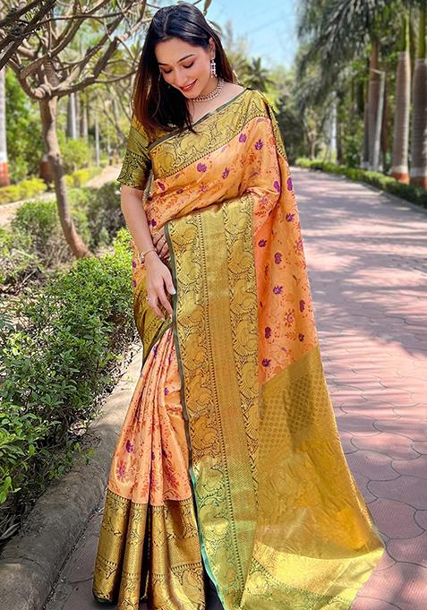 Orange Woven Design Silk Blend Saree Set