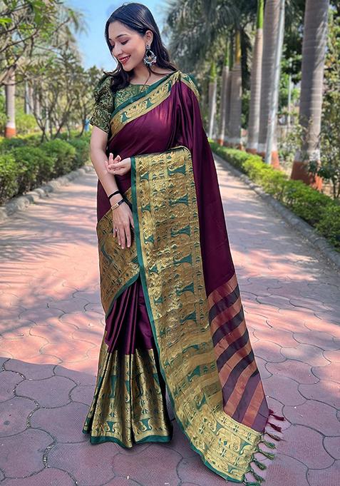 Burgundy Woven Design Silk Blend Saree Set