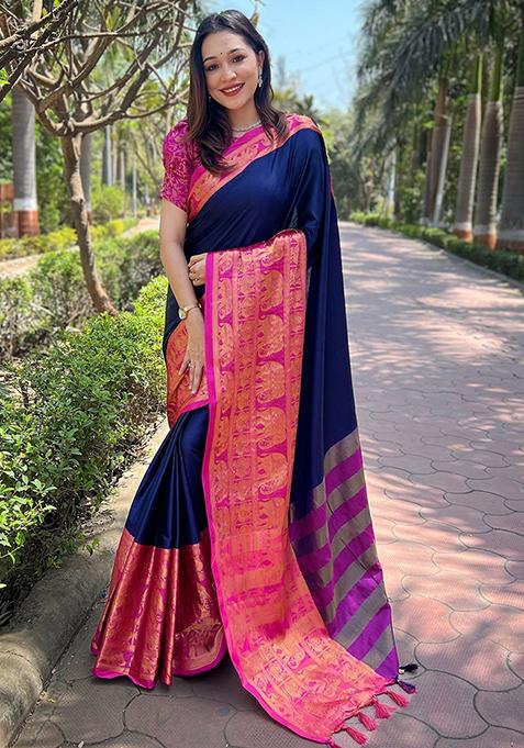 Navy Blue Woven Design Silk Blend Saree Set