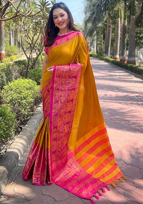 Yellow Woven Design Silk Blend Saree Set