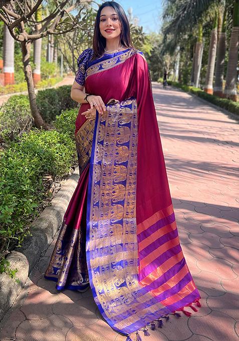 Maroon Woven Design Silk Blend Saree Set