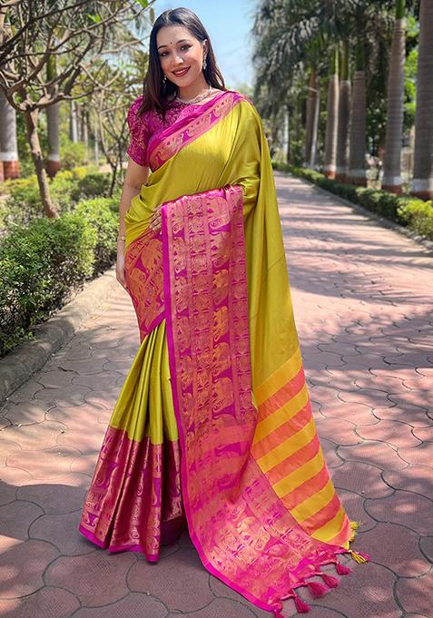 Green Woven Design Silk Blend Saree Set