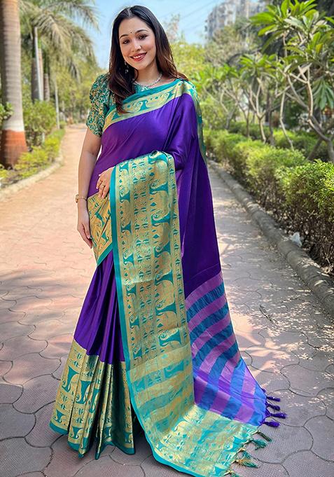 Blue Woven Design Silk Blend Saree Set