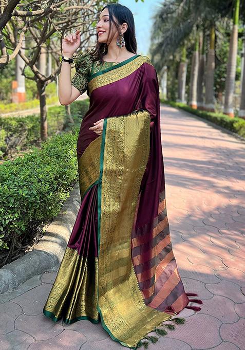 Burgundy Woven Design Silk Blend Saree Set