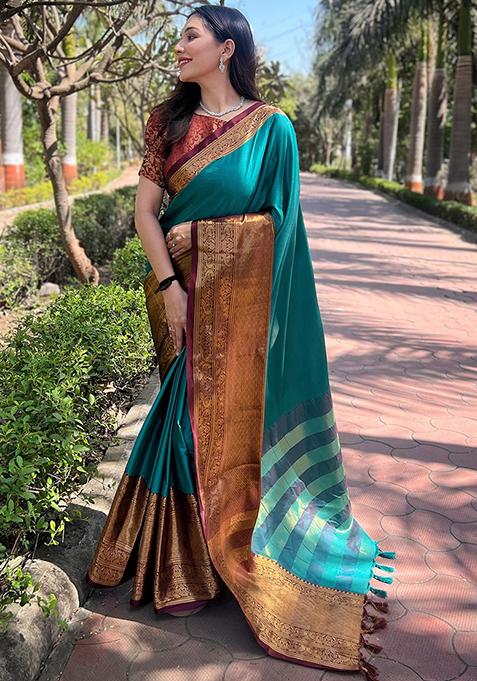 Teal Blue Woven Design Silk Blend Saree Set