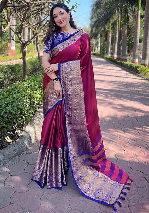 Pink Woven Design Silk Blend Saree Set