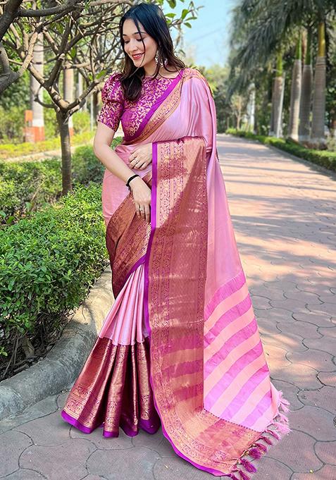 Pink Woven Design Silk Blend Saree Set