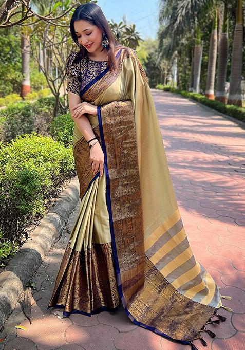 Olive Woven Design Silk Blend Saree Set