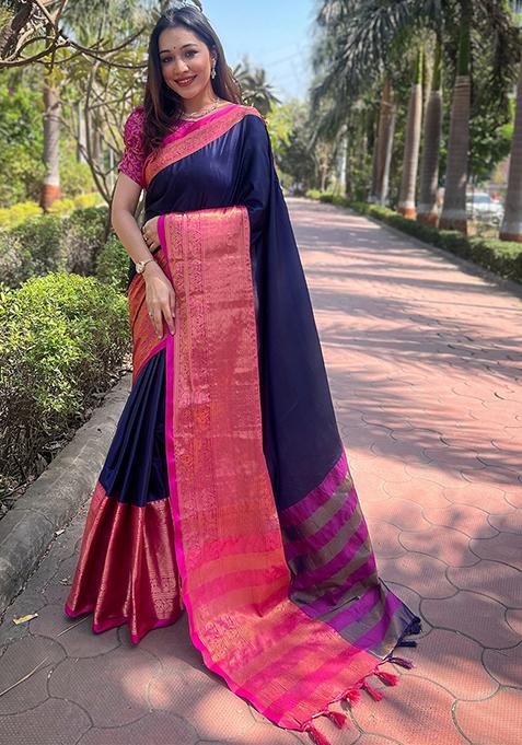 Navy Blue Woven Design Silk Blend Saree Set