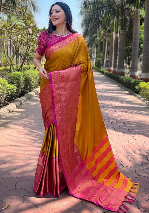 Yellow Woven Design Silk Blend Saree Set