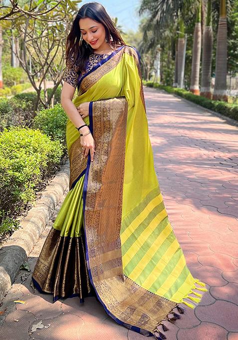 Yellow Woven Design Silk Blend Saree Set