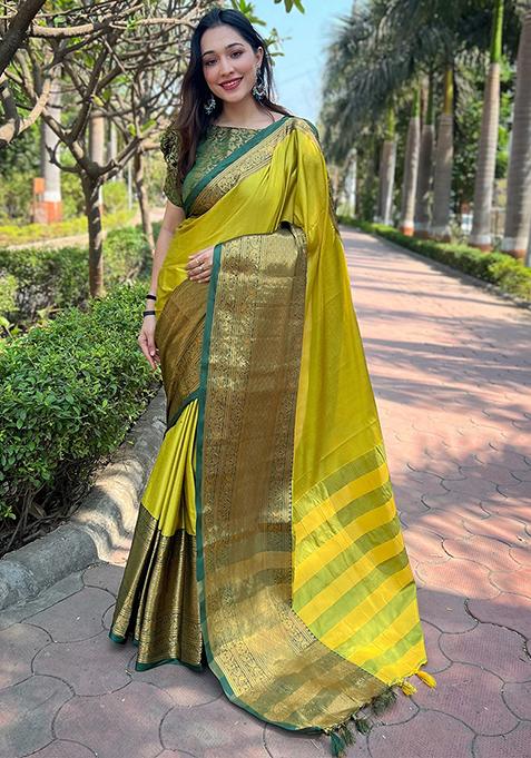 Lime Green Woven Design Silk Blend Saree Set