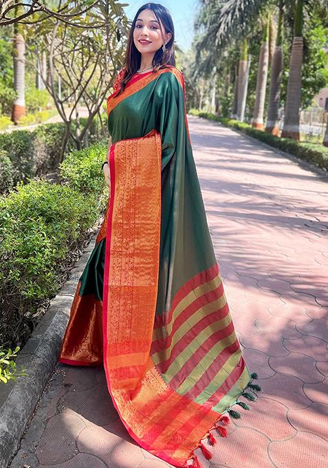 Green Woven Design Silk Blend Saree Set