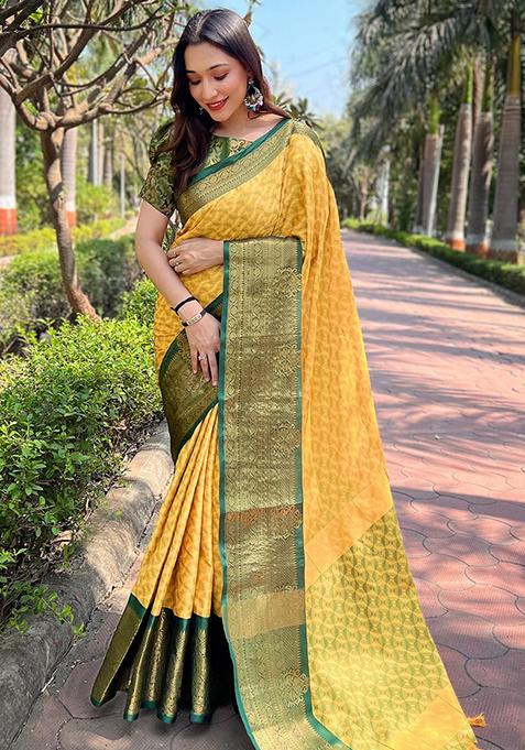 Yellow Zari Woven Design Silk Blend Saree Set