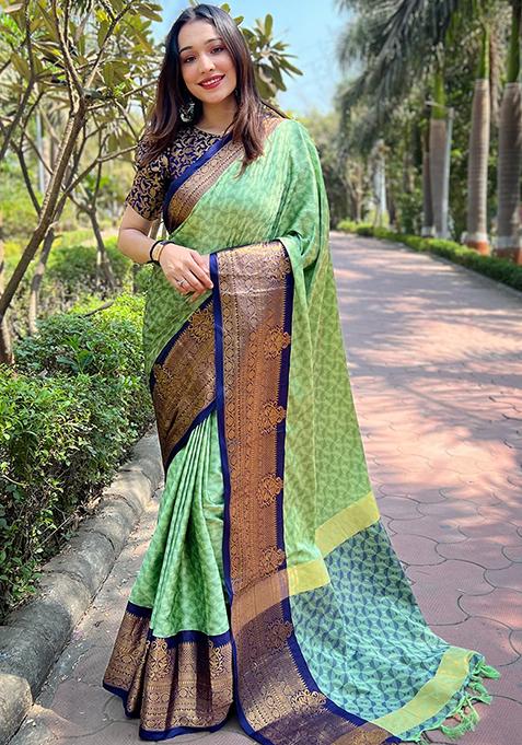 Olive Zari Woven Design Silk Blend Saree Set