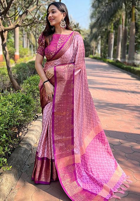 Pink Zari Woven Design Silk Blend Saree Set