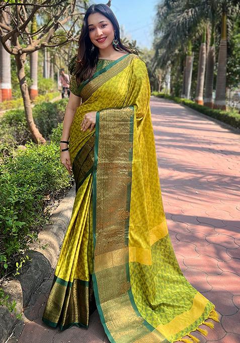 Olive Zari Woven Design Silk Blend Saree Set