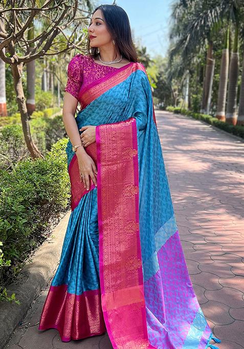 Teal Blue Zari Woven Design Silk Blend Saree Set