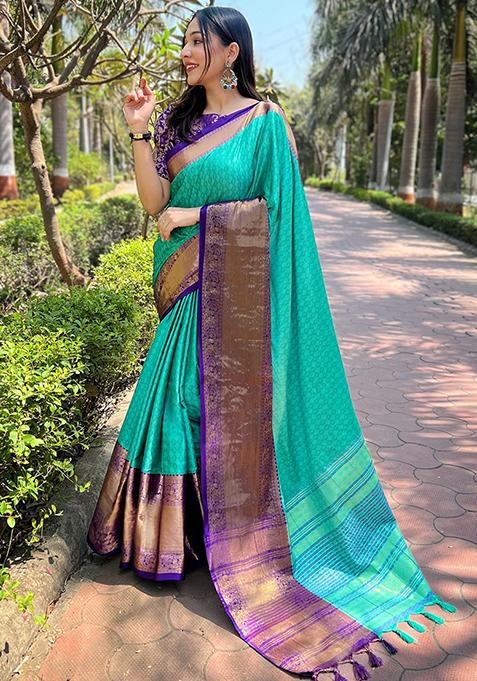 Blue Zari Woven Design Silk Blend Saree Set