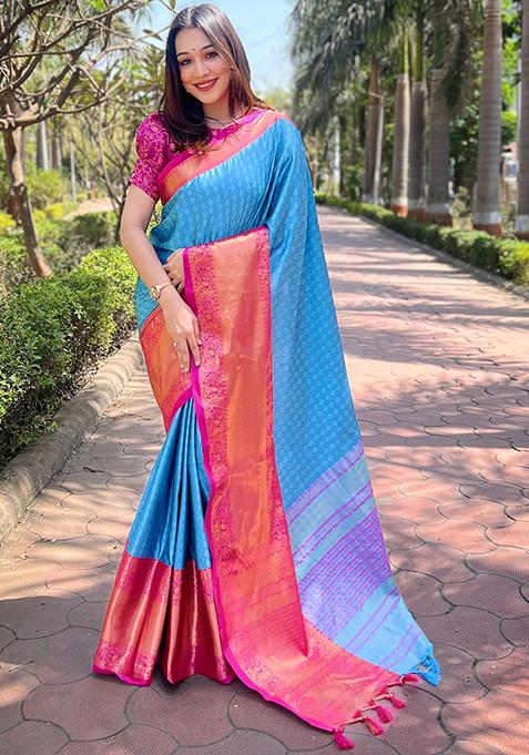 Blue Zari Woven Design Silk Blend Saree Set