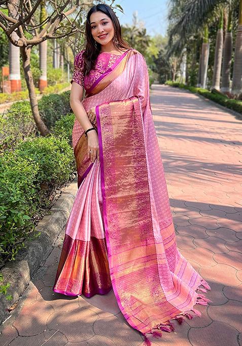 Pink Zari Woven Design Silk Blend Saree Set