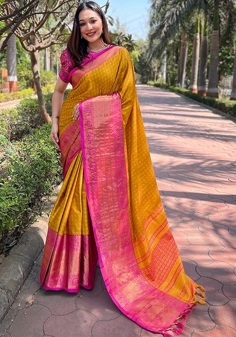 Yellow Zari Woven Design Silk Blend Saree Set