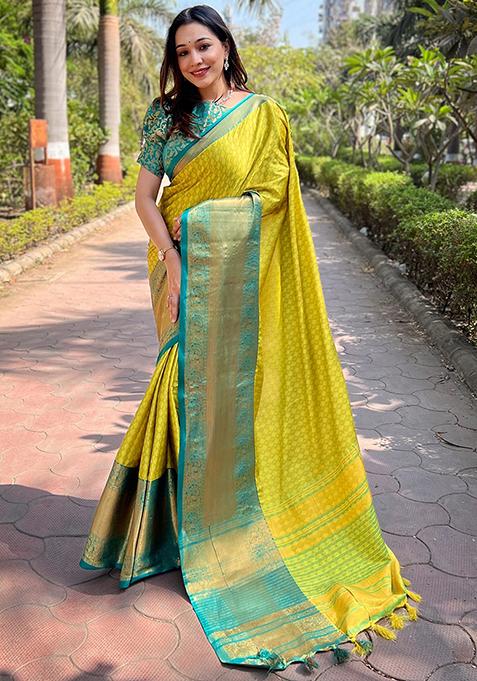 Yellow Zari Woven Design Silk Blend Saree Set