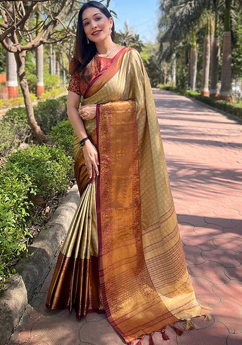 Golden Zari Woven Design Silk Blend Saree Set