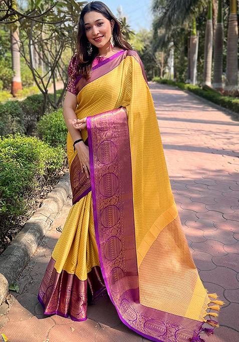 Yellow Woven Design Silk Blend Saree Set