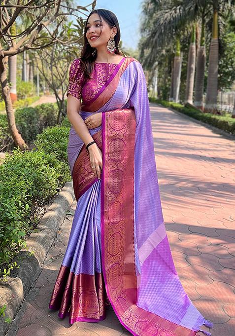 Lavender Woven Design Silk Blend Saree Set