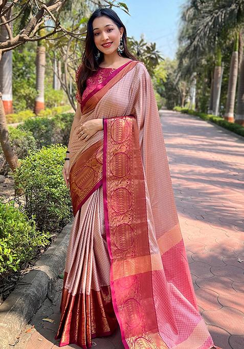 Brown Woven Design Silk Blend Saree Set