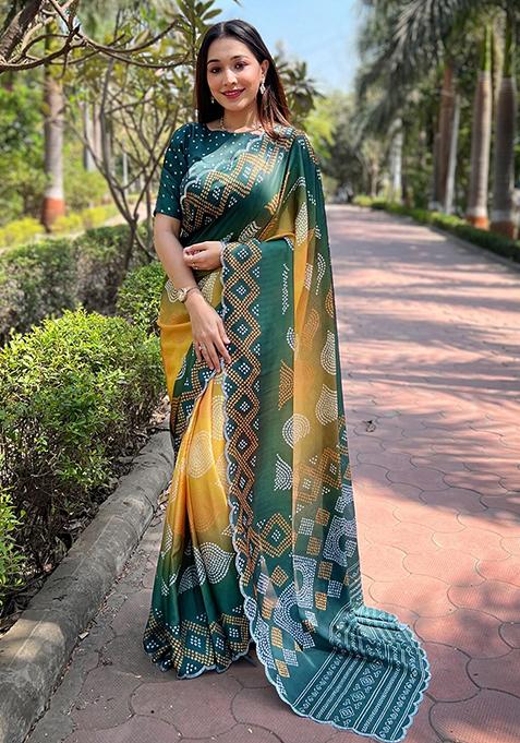 Yellow Printed Satin Saree Set