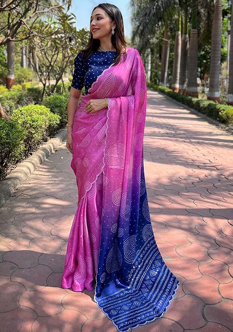 Pink Printed Satin Saree Set