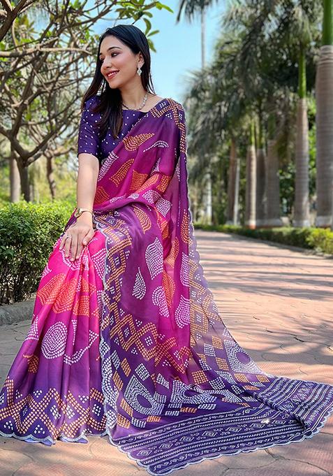 Magenta Printed Satin Saree Set