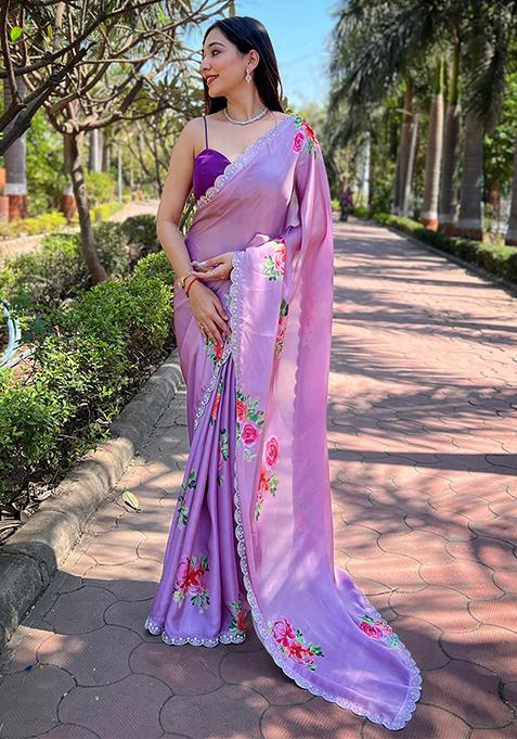 Lavender Printed Satin Saree Set