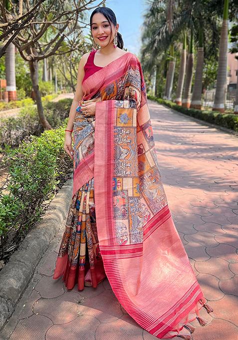 Multicolour Printed Art Silk Saree Set