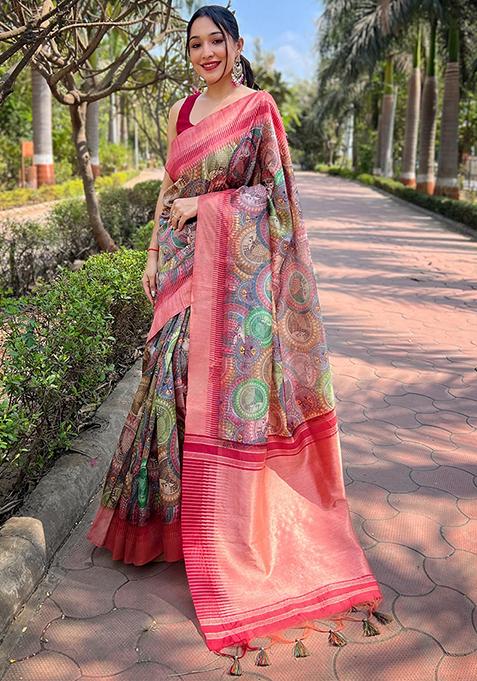 Multicolour Printed Art Silk Saree Set