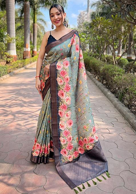 Teal Blue Printed Art Silk Saree Set