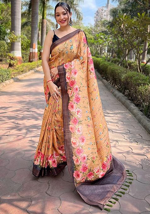 Orange Printed Art Silk Saree Set