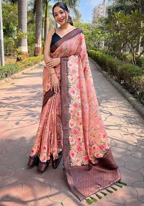 Peach Printed Art Silk Saree Set