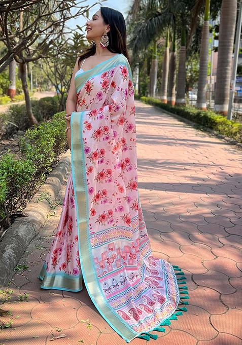 Pink Printed Art Silk Saree Set