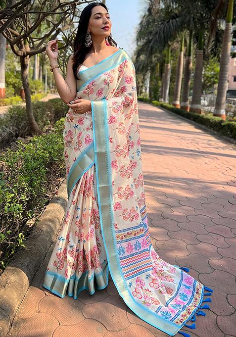 Cream Printed Art Silk Saree Set