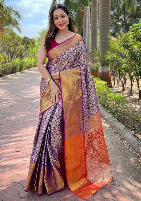 Burgundy Woven Design Art Silk Saree Set