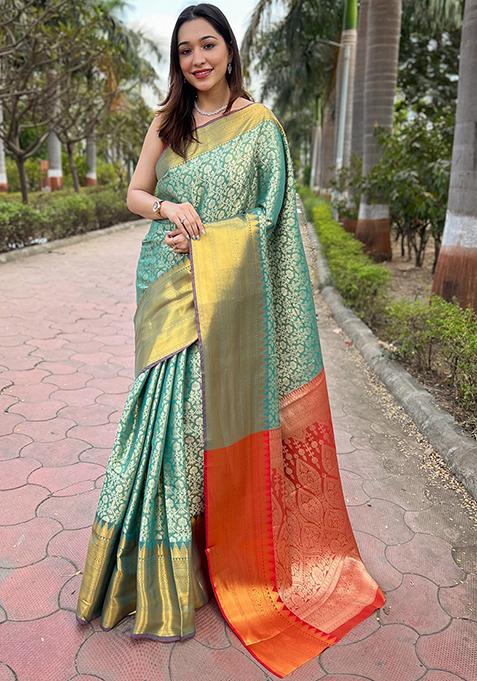 Teal Blue Woven Design Art Silk Saree Set