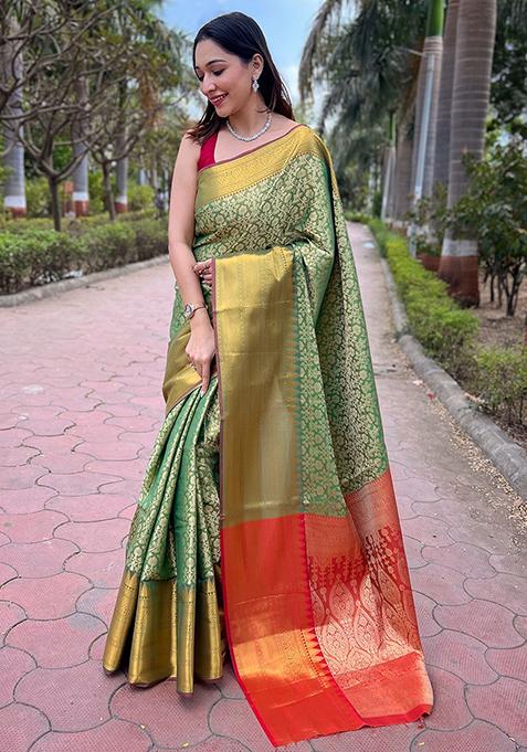 Olive Woven Design Art Silk Saree Set