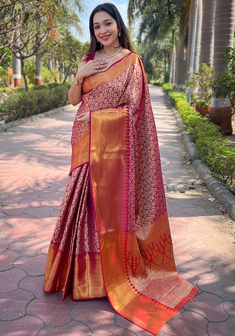 Pink Woven Design Art Silk Saree Set