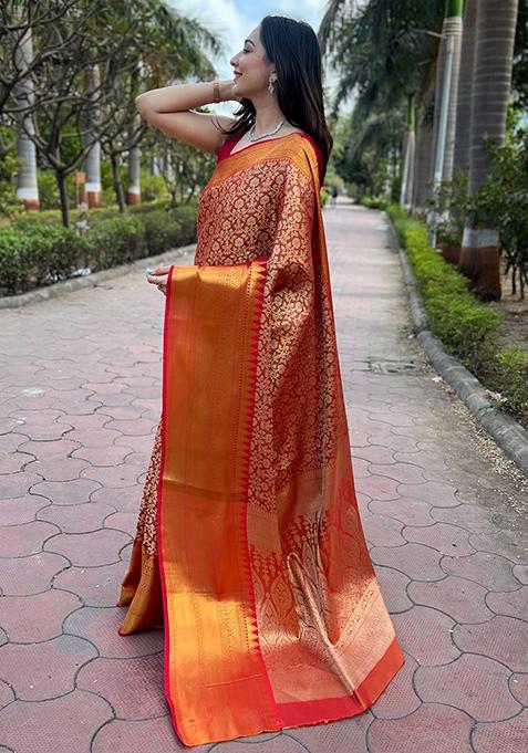 Orange Woven Design Art Silk Saree Set