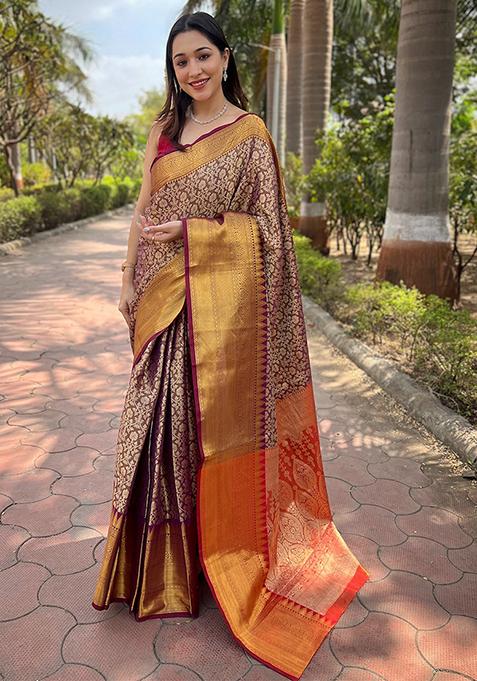 Brown Woven Design Art Silk Saree Set