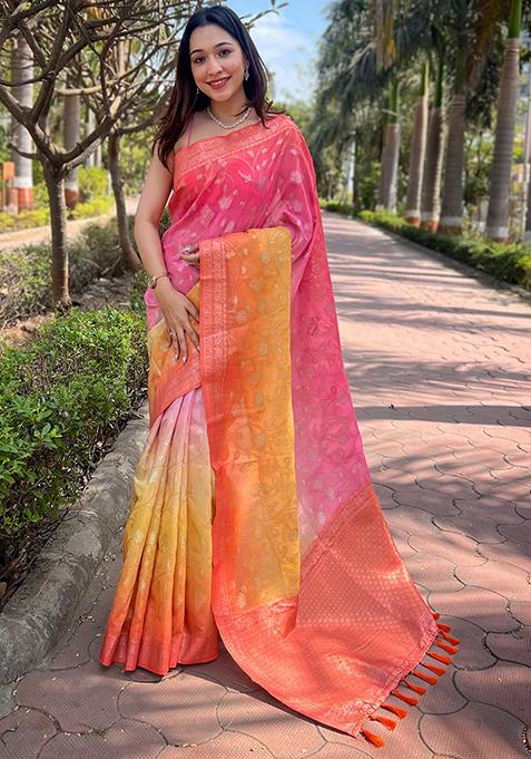 Pink Woven Design Art Silk Saree Set